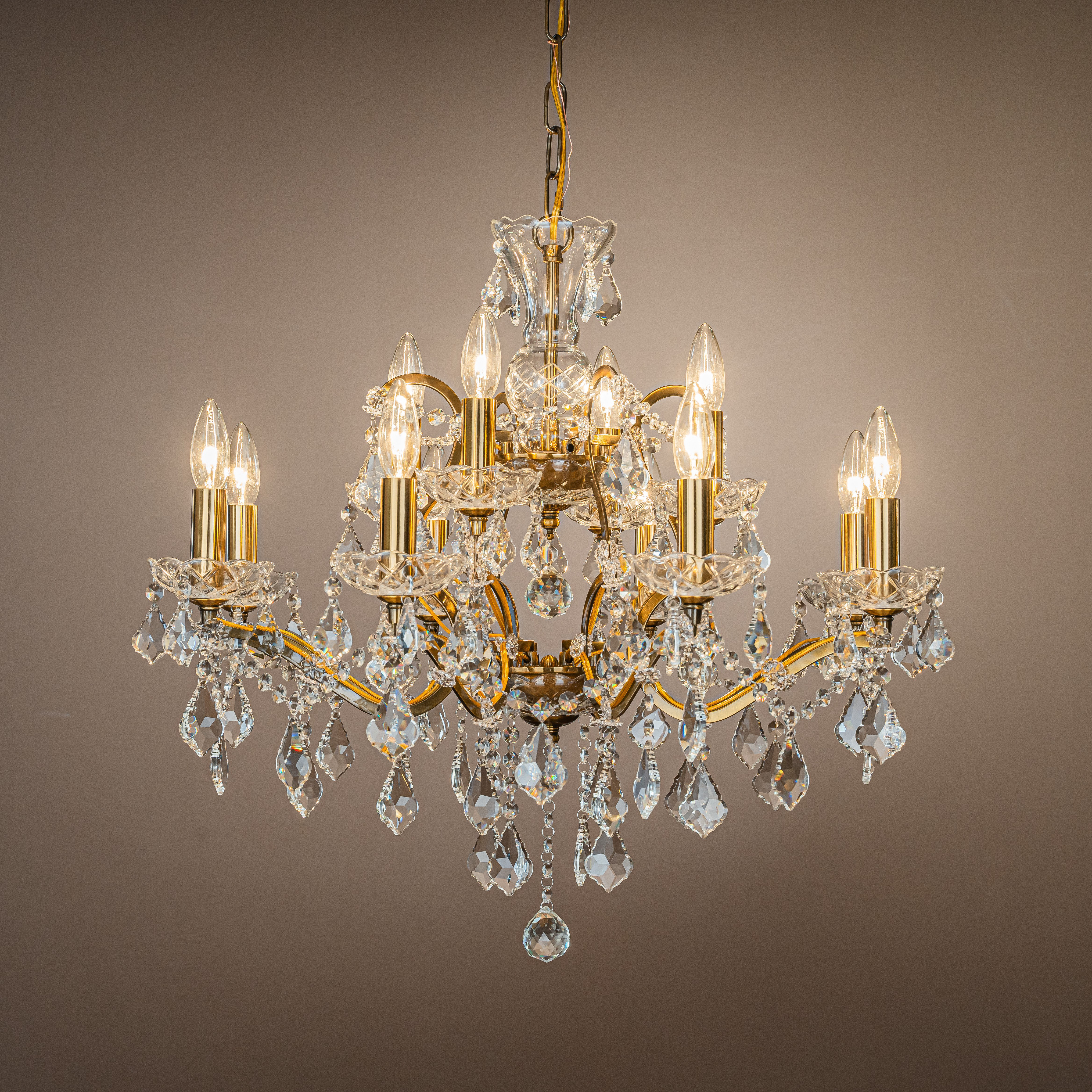 Mid-Century Modern Austrian Brass and Crystals 14 Arms Chandelier