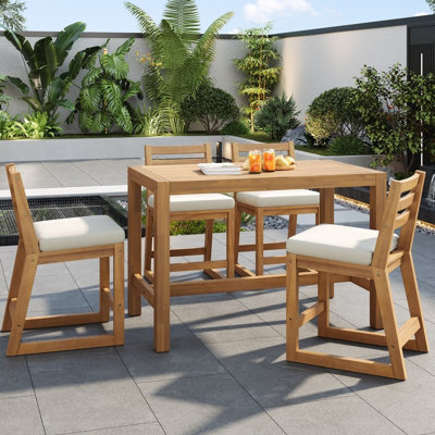Ensemble de bar de patio rustique 5 pièces, table à lattes en bois massif et chaises ergonomiques, mobilier de bar extérieur pour piscine, balcon, cour et porche