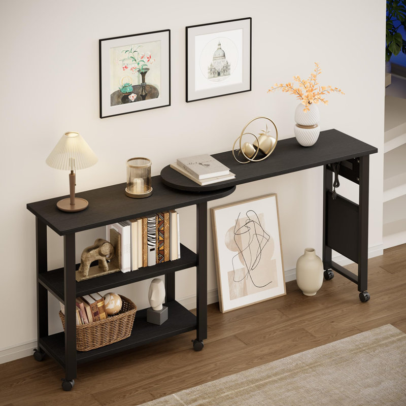 360° Rotating Sofa Side Table with Charging Station – 2-Tier Movable End Table – Extra Storage Pocket, 6 Lockable Swivel Wheels, Versatile Couch Table for Bedroom, Living Room, Office