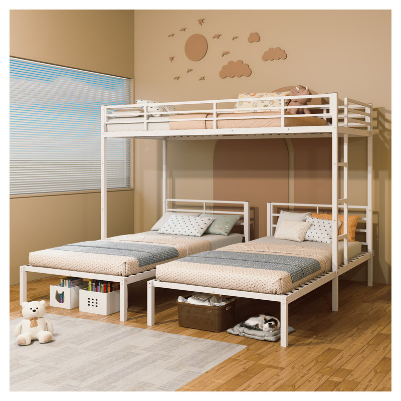 Cadre de lit superposé triple en métal, lits simples convertibles en forme de L, blanc