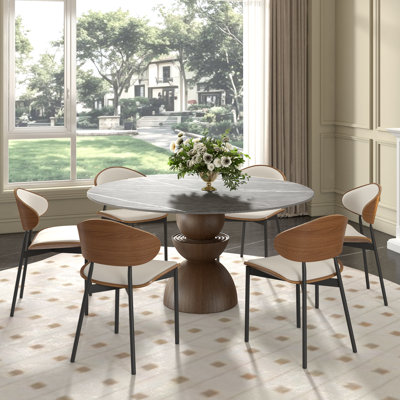 Modern Round Sintered Stone Dining Table Sets With Comfort Upholstered Kitchen Chairs For 6