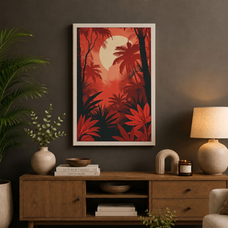 Sunrise Silhouette Tropical 1 Piece Wrapped Canvas Wall Art, 30x20 - 76.2 x 50.8 cm, Teal Border