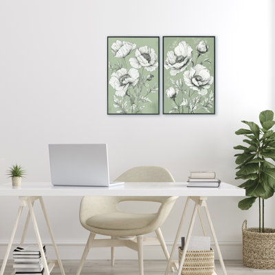Ensemble de 2 giclées Vintage Green Poppy Florals, par Petal Prints Design