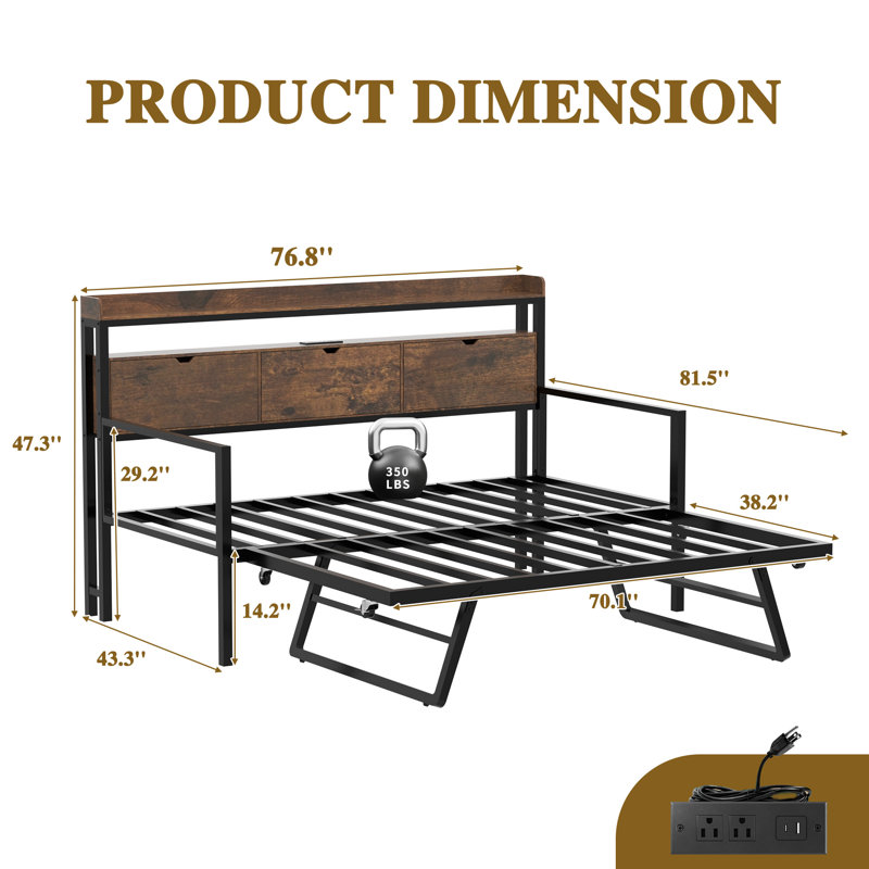 Daybed With Pop Up Trundle With Charging Station