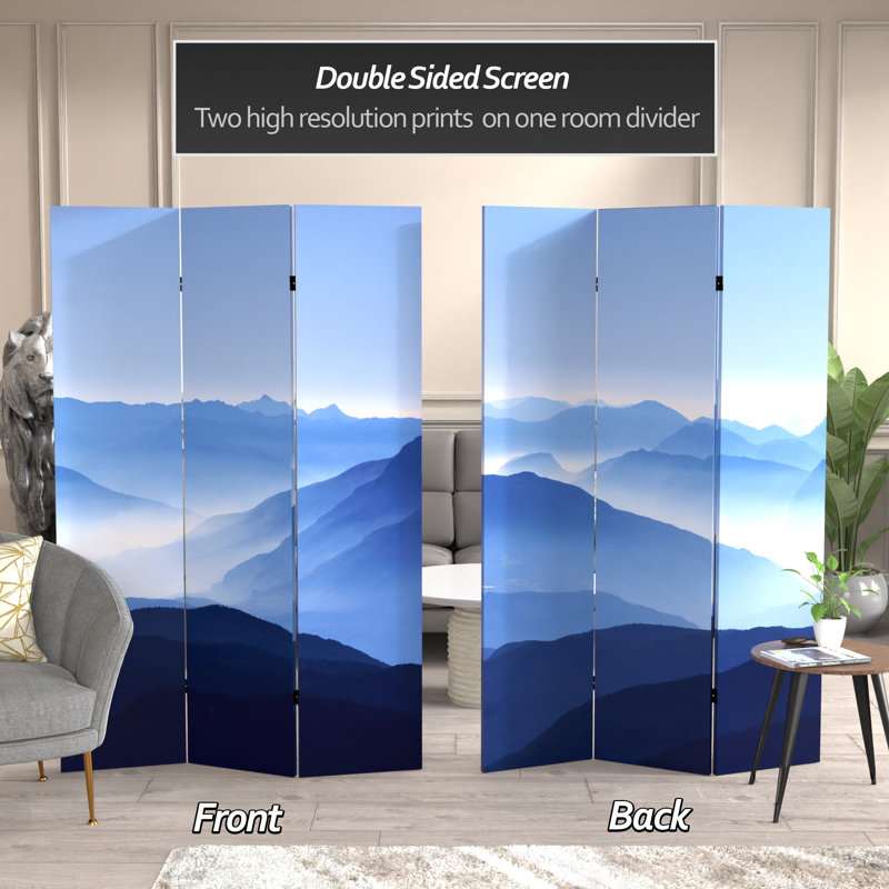 71" x 38.75" Tall Double Sided Misty Mountain Canvas 3 Panel Room Divider, 71" H x 47.25" W x 1" D