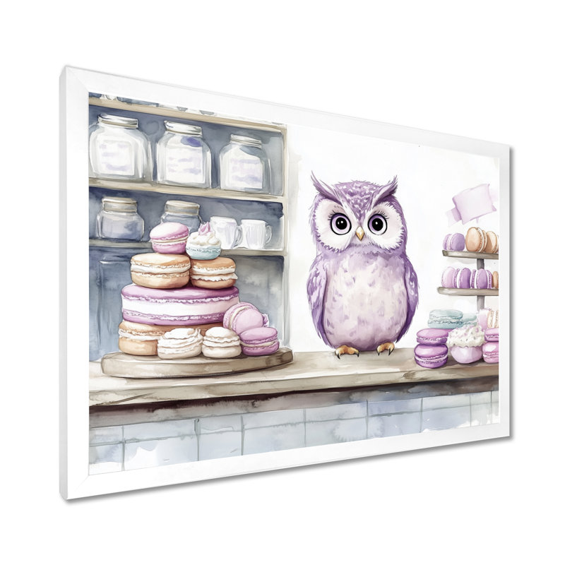 Comptoir de macarons à la lavande - Tableau encadré hibou sur toile, H 30 po x l 40 po, Cadre photo blanc