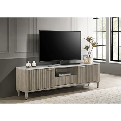 1Pc Modern Luxury And Sleek White Faux Marble Top Sliding Doors Open Shelving Tapered Legs Tv Stand Media Console Drift Wood Finish