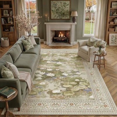 Aura Waterlily Art Machine Washable Area Rug