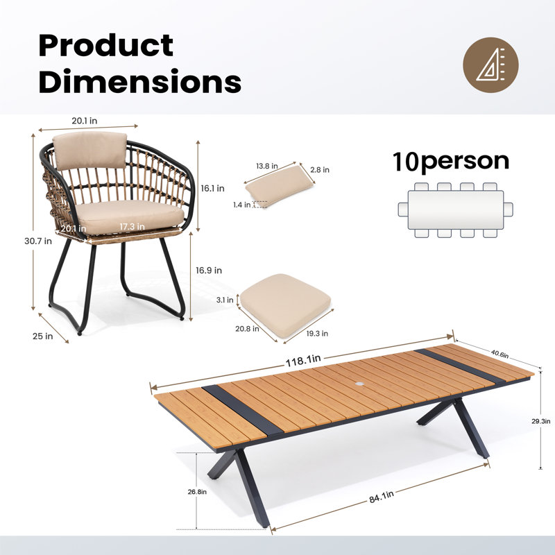 10 - Person Outdoor Dining Set with Umbrella Hole and Removable Cushion, Beige/Brown