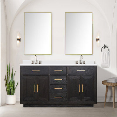 Black Oak Double Bath Vanity 60 In. W X 22 In. D, With White Quartz Top