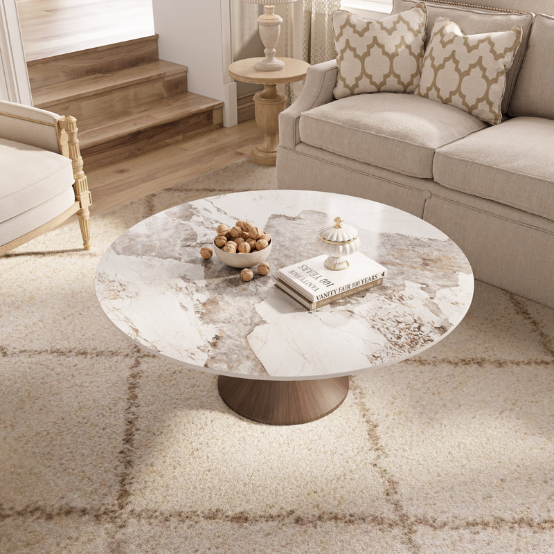 Table basse Mid-Century moderne en marbre effet pierre de marbre, 17.05" H x 41.73" L x 41.73" W, Warm Sand+Dark Walnut