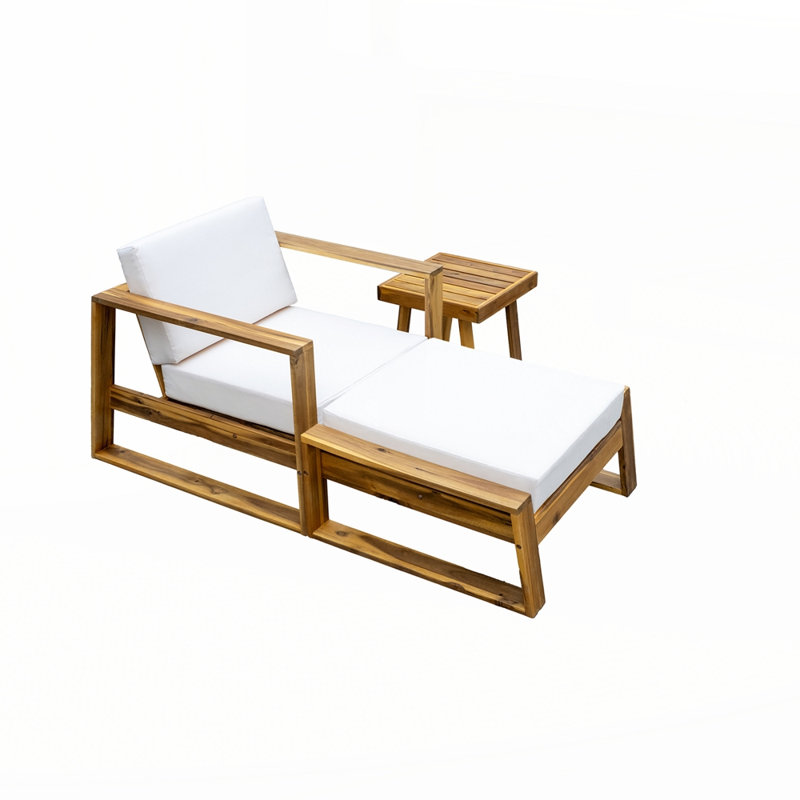 Acacia Wood Outdoor Lounge Set - Chair and Ottoman with Removable Cushions, Beige