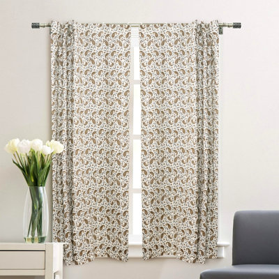 White Brown Paisley Handmade Block Printed Colored Linen Unlined Flat Panel Curtain for Living Room and Bedroom, Boho Farmhouse Linen Drapes & Curtains