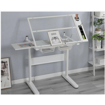 Manual adjustable drafting table with two metal drawers (white) WITH chair