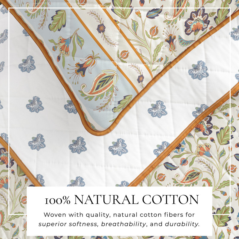 Ensemble de courtepointe à bordure florale en coton, Courtepointe double et 2 taies décoratives standa, Ivoire floral