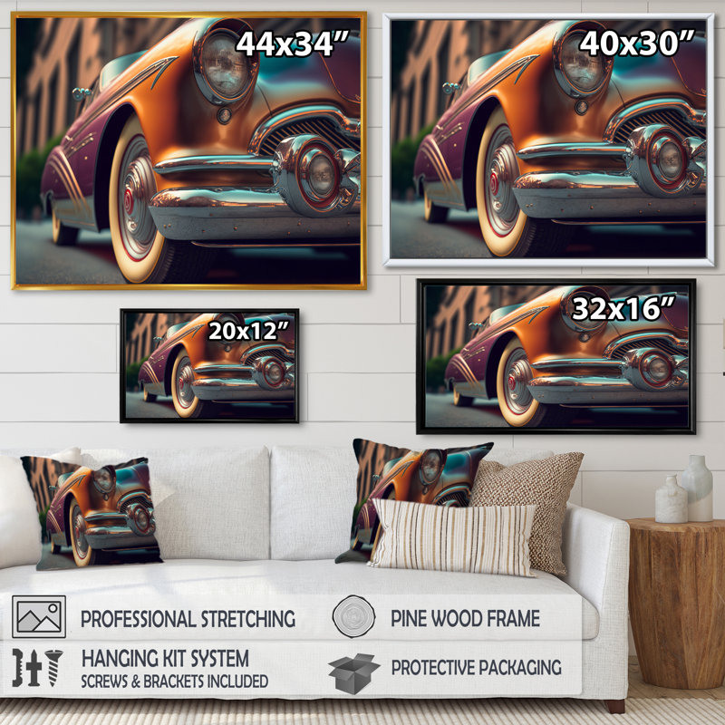Gros plan d'une voiture rétro classique I - reproduction sur toile, H 16 po x l 32 po x P 1 po, Cadre flottant noir