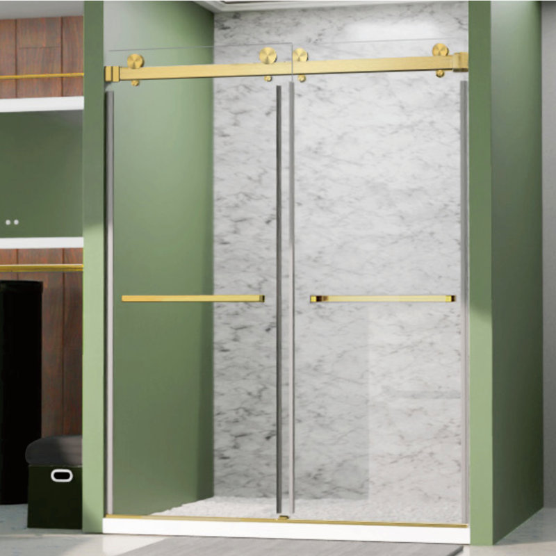 Royal 61 to 65 in. x 76 in. H Frameless  Double Sliding Shower Door with Two Towel Bars in Satin Brass and 3/8 in. (10mm) Clear Glass