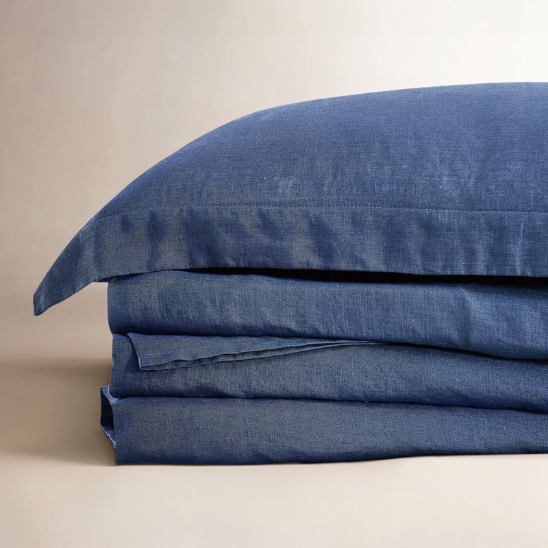Ensemble de draps en lin Nena Aybar, Ensemble de draps pour très grand lit avec 2 taie, Bleu marine