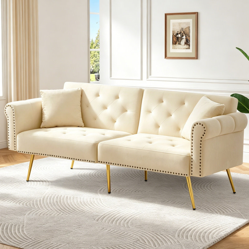  Dimmitt Modern 2-Seater Sofa Bed , 3-Stage Adjustable Backrest & Gold-Plated Metal Feet, Beige