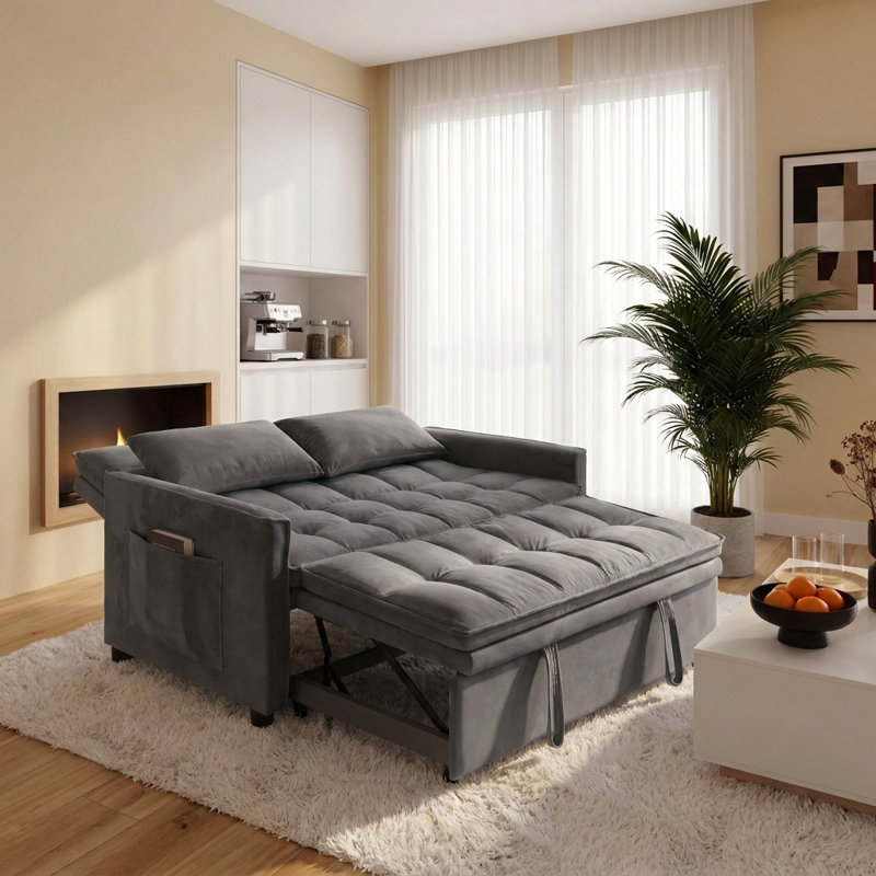 Canapé-lit convertible de 50,3 po avec lit escamotable, dossier réglable à 5 positions et poche de rangement latérale, Gris