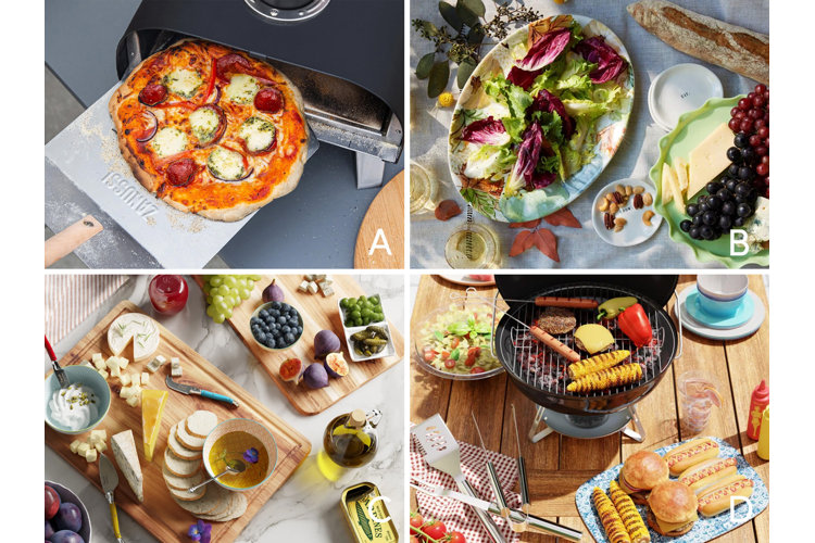 A collage of four snack options, pizza labeled A, salad labeled B, a cheese board labeled C, and a bbq labeled D.