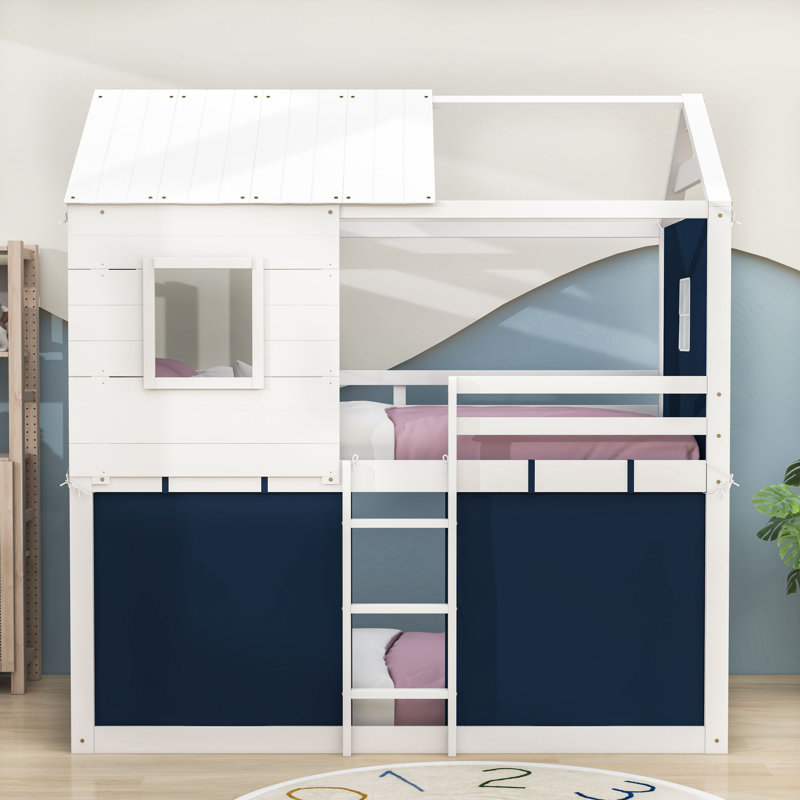 Lit superposé en bois avec toit et échelle, Lit superposé simple sur simple, Bleu / blanc