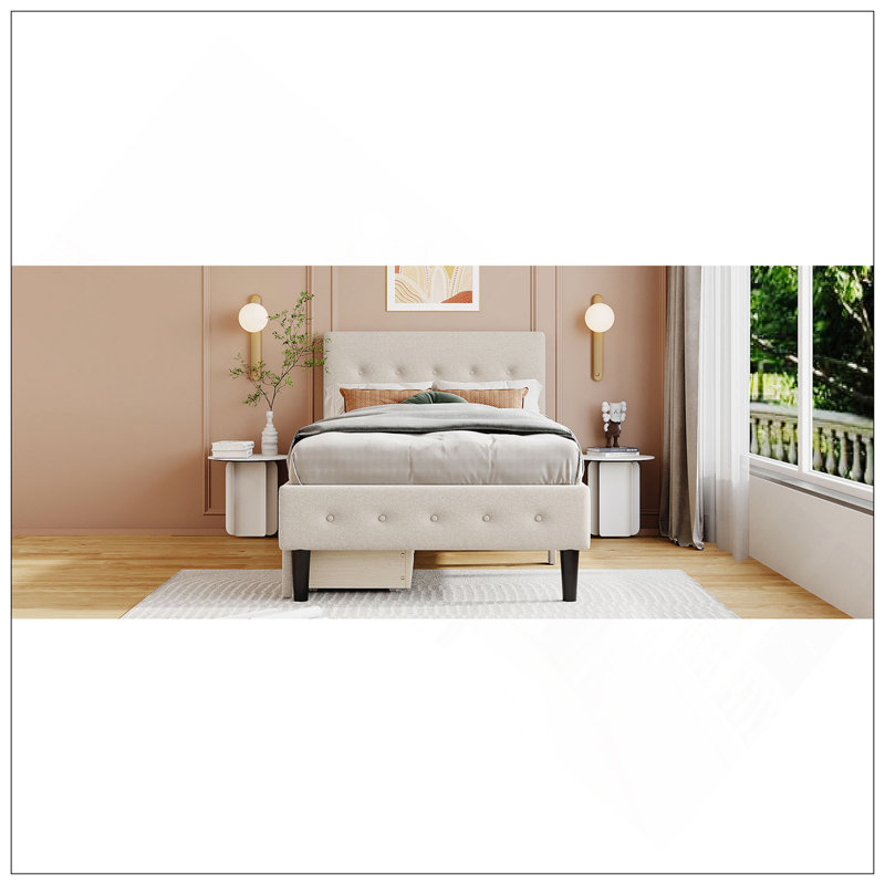 Lit plateforme simple tapissier avec 2 tiroirs, Beige