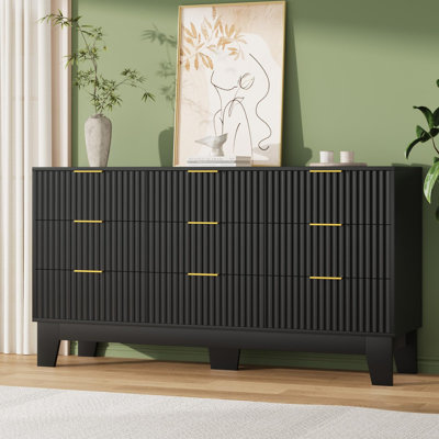 9 Drawer Dresser with Fluted Design, Oak Finish & Metal Handles
