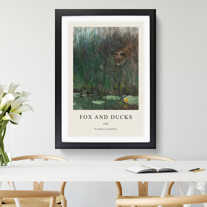 Fox Stalking Ducks by Bruno Liljefors - Single Picture Frame Print, Black Framed, 48cm H x 36cm W x 2cm D