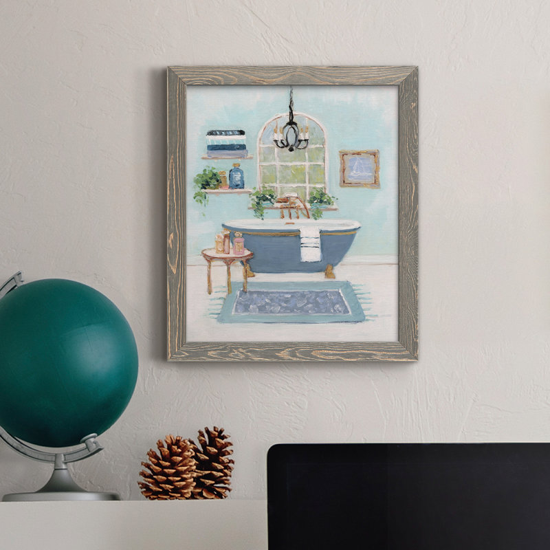 «Blue Bath I», peinture sur toile encadrée, H 37,5 po x l 27,5 po x P 1,5 po, Gris