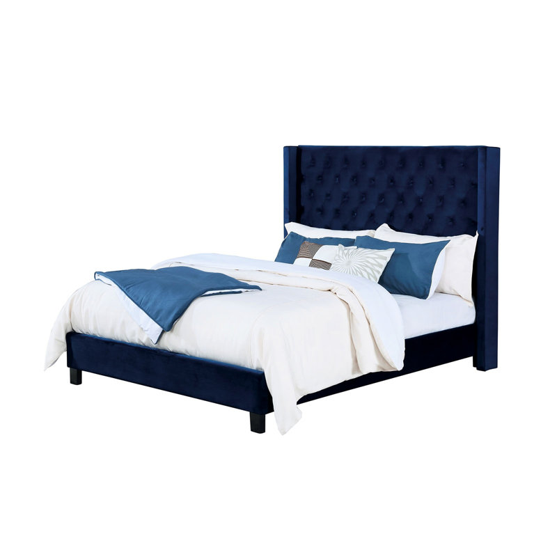Cadre de grand lit bleu marine, transitionnel et moderne, revêtement en velours, tête de lit à boutons avec surpiqûres en losanges sur la surface extérieure de la tête de lit - comme un tissu, dossier à oreilles, tête de lit, idéal pour la décoration de la chambre à coucher
