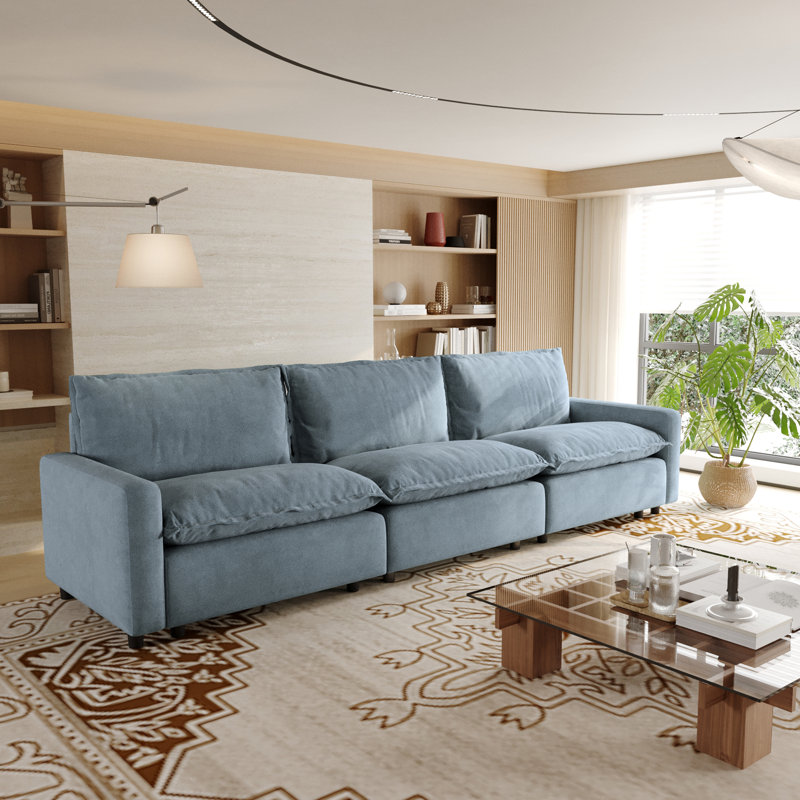 3-Piece Upholstered Modular Linen Fabric Sectional Sofa For Small Spaces, Blue