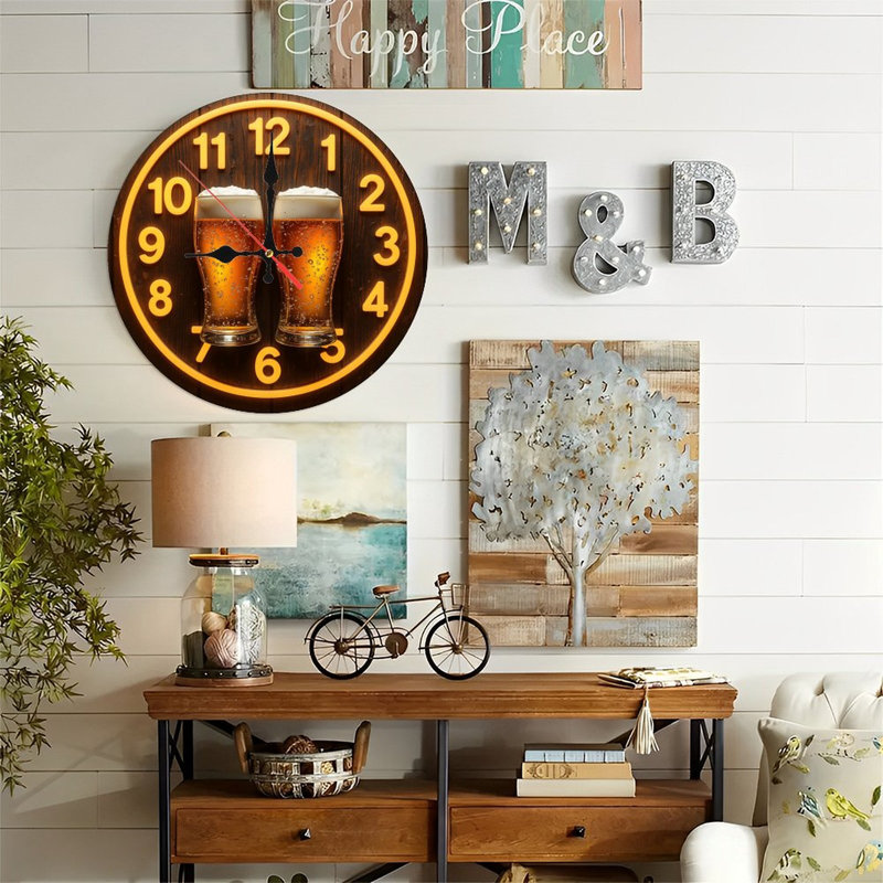 Horloge murale 10 po en MDF rond avec mouvement à quartz silencieux et crochet sans perceuse (piles AA non incluses)