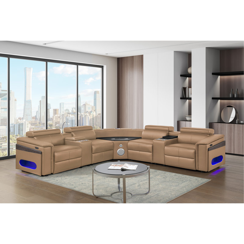 Canapé modulaire en caramel Nova avec 2 consoles avec lampe de lecture et réfrigérateur