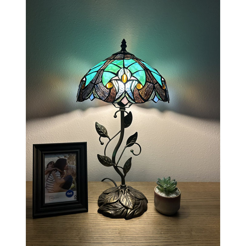Righer Tiffany Table Lamp Green Brown Stained Glass LED Bulb Included 10"W*10"D*20"H, Green/Brown