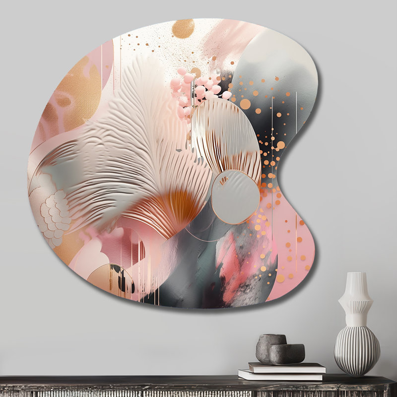 Rose rose, rayures dorées, complexe V - art abstrait abstrait en forme de goutte de métal, H 27 po x l 27 po