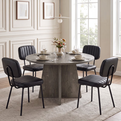 Round Pedestal Dining Table Set with Faux Leather Channel Tufted Dining Chairs for Kitchen & Dining Room