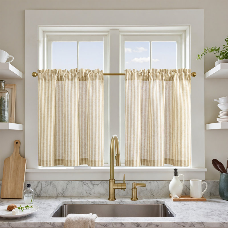 Linen Striped Kitchen Curtains Rod Pocket Tier Curtains, 26" W x 24" L, Beige