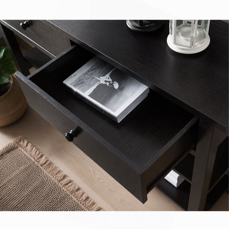 Canapé d'entrée, console, deux tiroirs, boutons en bois, deux tablettes pleine longueur, pieds en poteau, couleur espresso rouge cacao