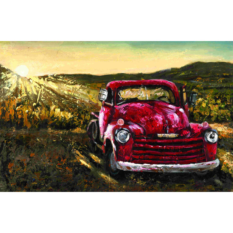 Vieux camion et lever de soleil - peinture sur toile tendue, H 12 po x l 18 po