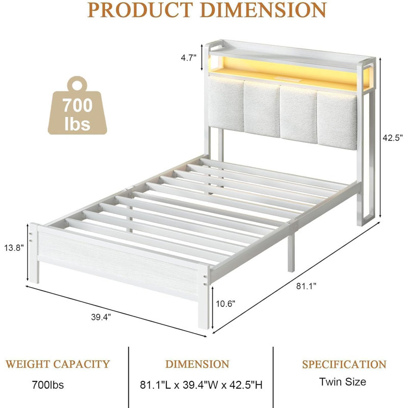 Structure de lit avec tête de lit avec rangement, lit plateforme tapissier avec station de charge et lumières DEL, lattes métalliques robustes