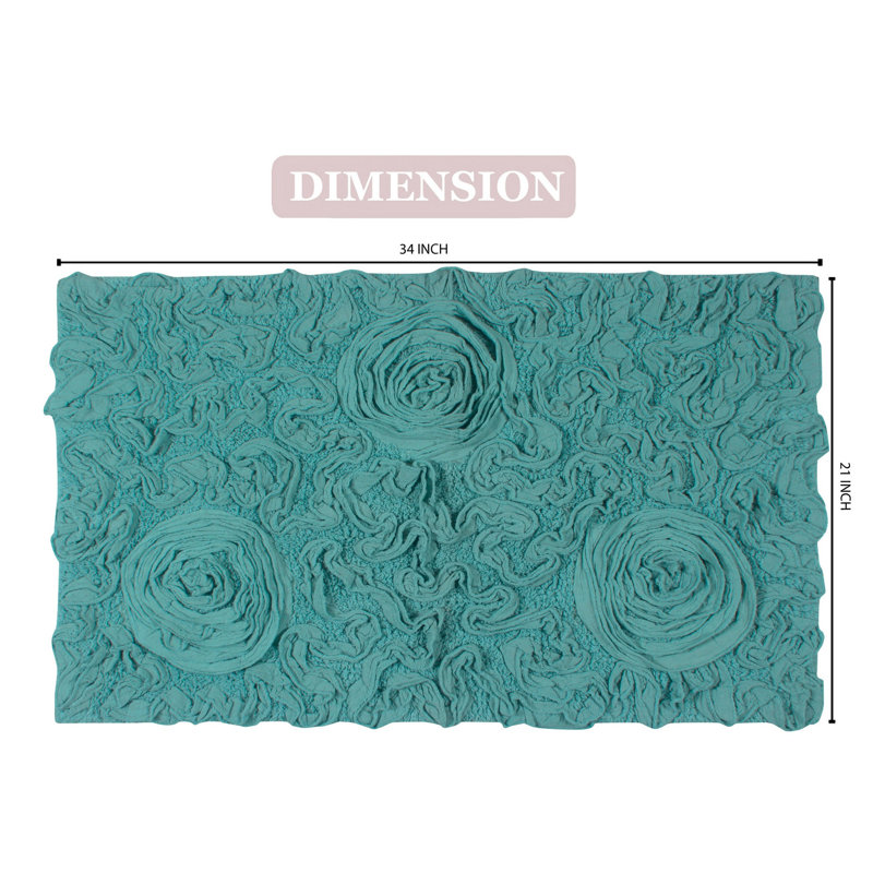 Schoenberger Floral Design Cotton Bath Rug, 34" L x 21" W, Turquoise