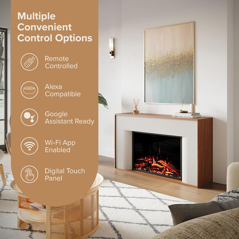 Modern Ember Arrie Smart Electric Fireplace Mantel Package | 33” Firebox Heater | Wi-Fi App