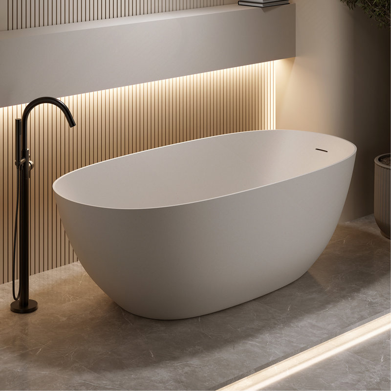 69" Freestanding Bathtub Resin Stone Soaking Bathtub Solid Surface Modern Tubs With Overflow And Pop-Up Drain, Cream