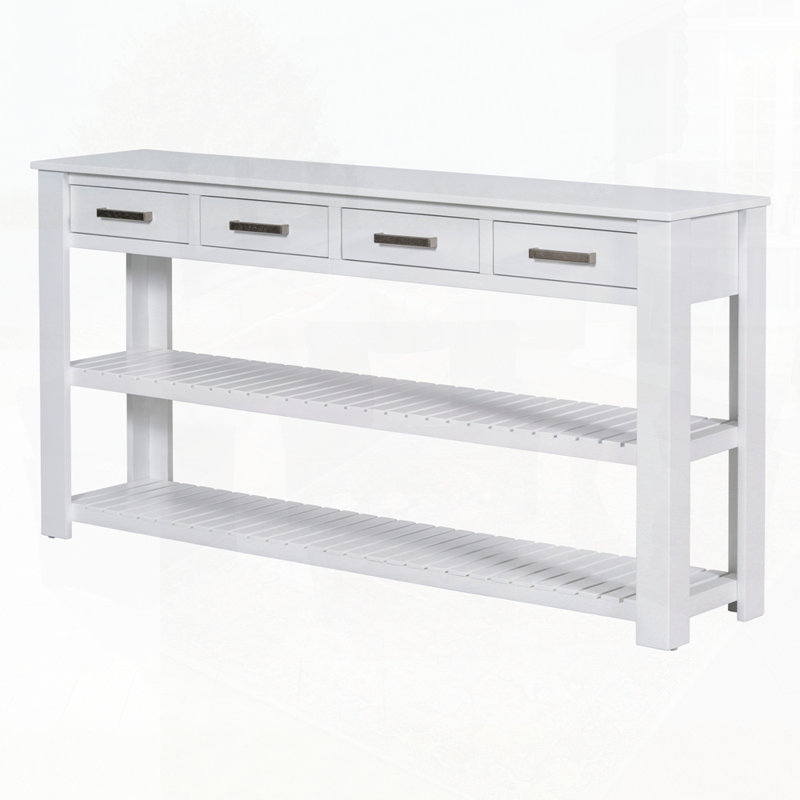 Élégante console d'entrée avec 4 tiroirs et 2 tablettes, idéale pour les décors modernes et rétro, Blanc