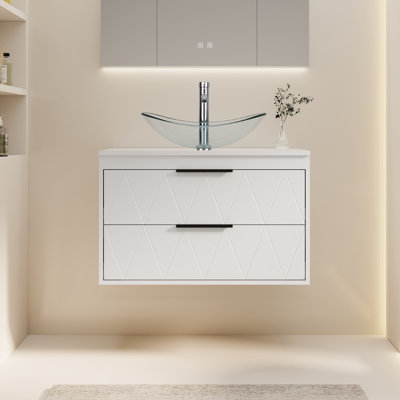 Ensemble de meuble-lavabo mural simple 30 po avec lavabo vasque en céramique Sharee, comptoir en bois manufacturé, robinet et bonde Sharee