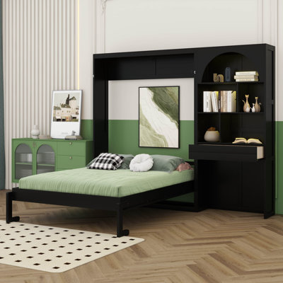 Queen Murphy Wall Bed Frame with Side Cabinets, Drawer & LED,Vertical Murphy Bed Cabinet, Saving Space Wall Bed Cabinet with Storage