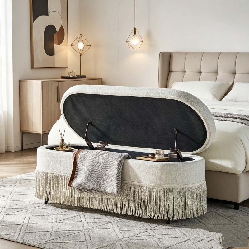 Repose-pieds ovale rembourré avec rangement, repose-pieds multifonctionnel et rangement caché, Beige