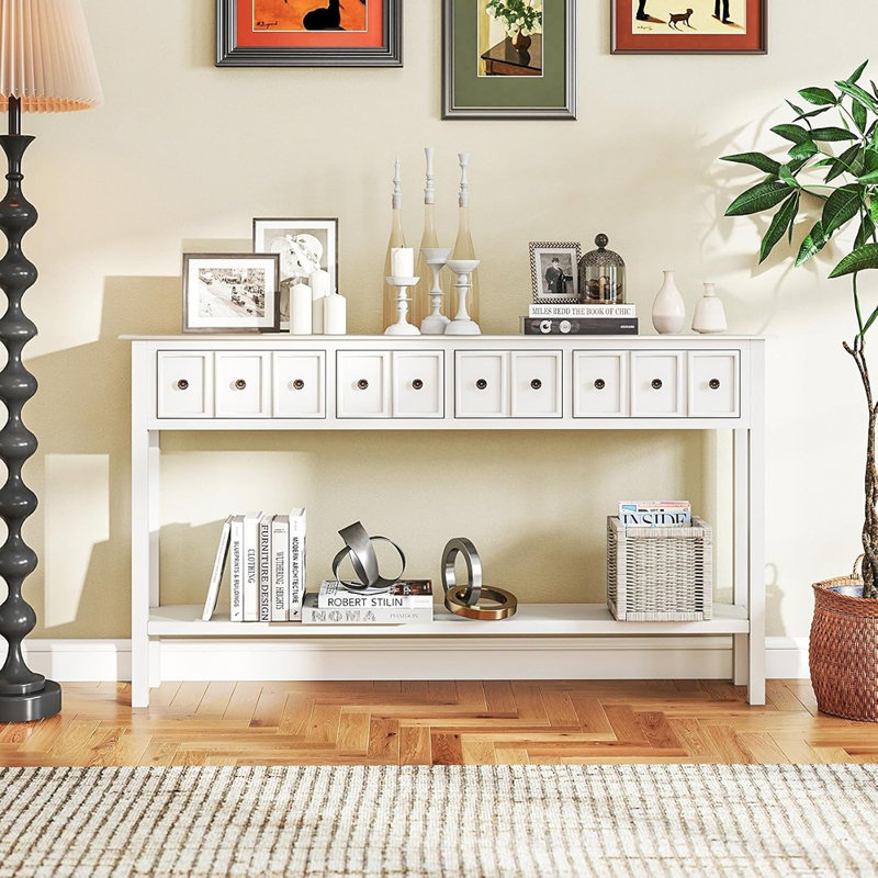 Console 60 po avec 4 tiroirs et tablette ouverte, blanc