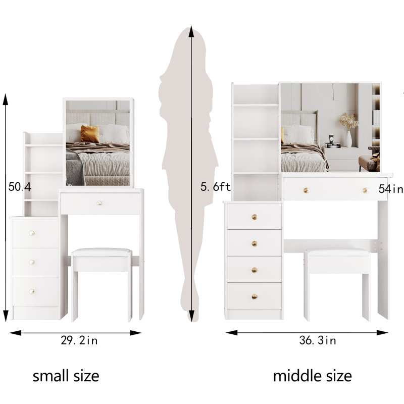 Compact Left Bedside Dresser Vanity, Includes Cushioned Stool & Extra Large Sliding Mirror, Multi-layer Storage, Elegant White For Areas Small Space- Cabinet Vanity Table, With Padded Big Fashionable